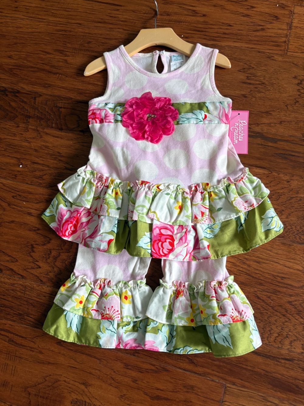 Girls Pink Floral Ruffle Matching Set - Tank Top & Pants